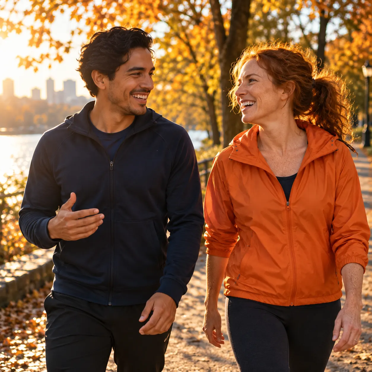 A health coach and a client laughing during a walk in a park