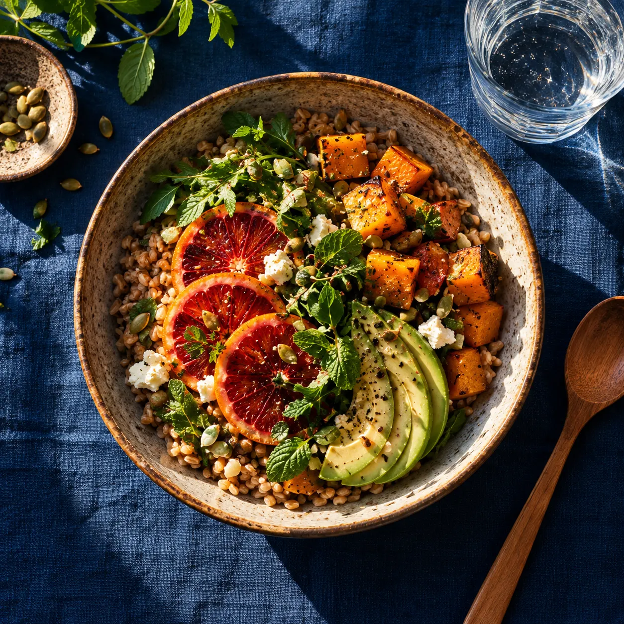 A bright bowl of grains, greens, citrus and seeds on a blue table
