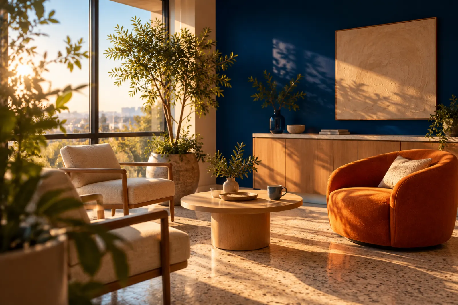 A bright consultation room with a tangerine armchair, a round table and plants