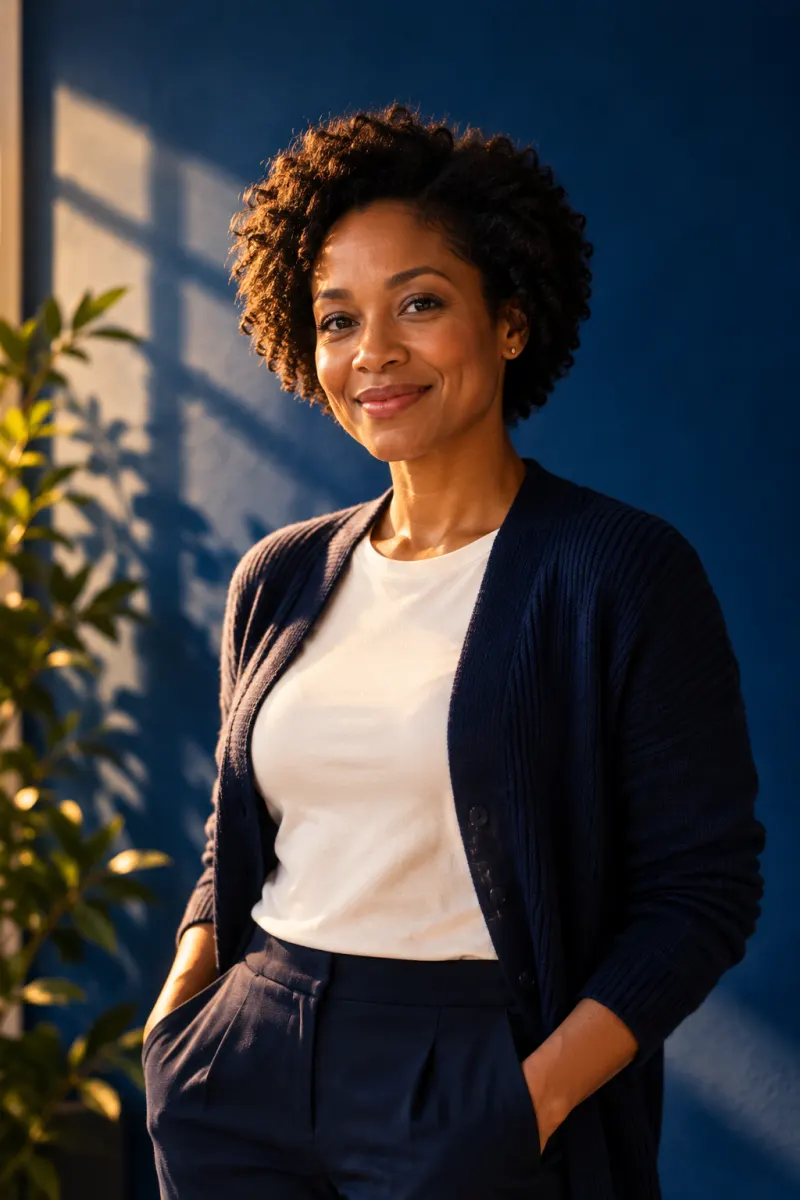 Portrait of Dr. Amara Okonji, a smiling physician in her forties