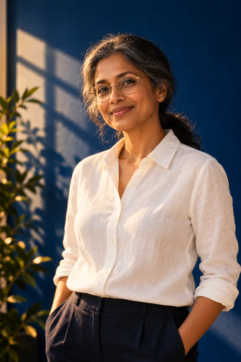 Portrait of Dr. Priya Raman, a preventive medicine doctor in her fifties