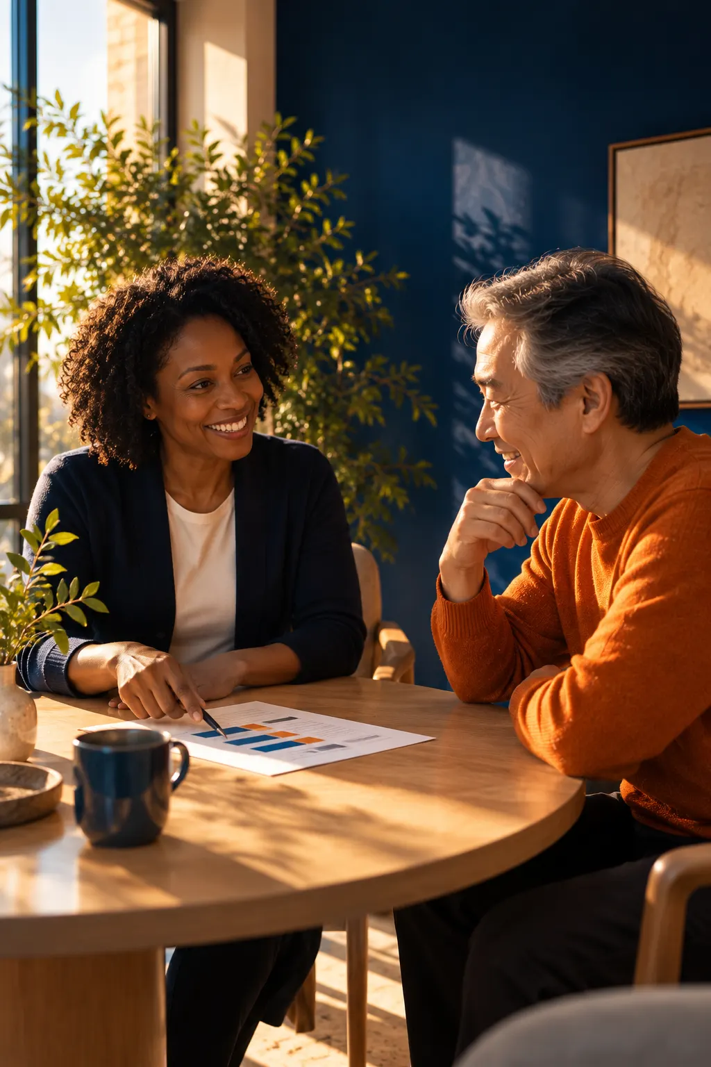 A clinician and a patient talking and smiling across a round table